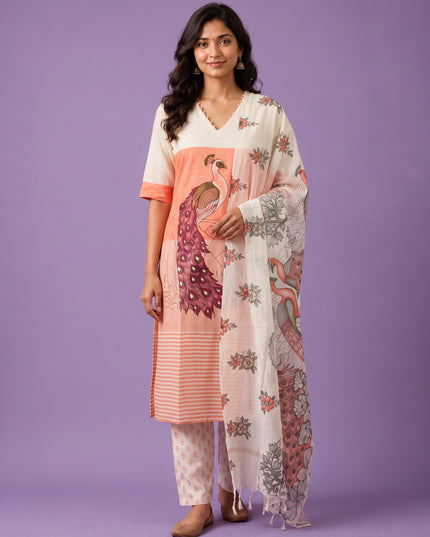 Madhubani Printed Peacock Design 3PC Kurti Set in Peach Colour with Printed Dupatta | Stylish Ethnic Wear | Ready to Wear