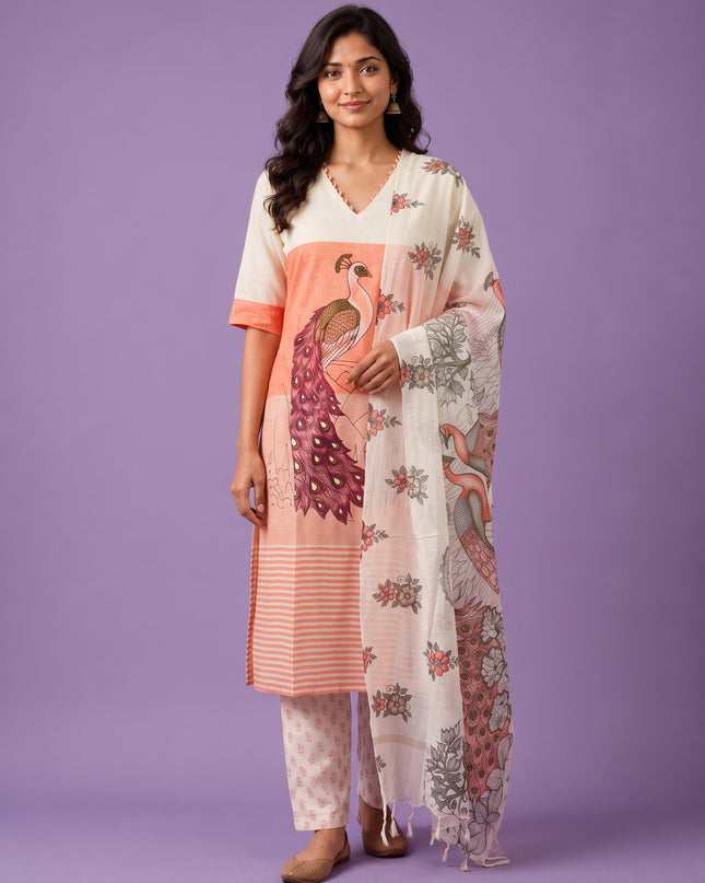 Madhubani Printed Peacock Design 3PC Kurti Set in Peach Colour with Printed Dupatta | Stylish Ethnic Wear | Ready to Wear