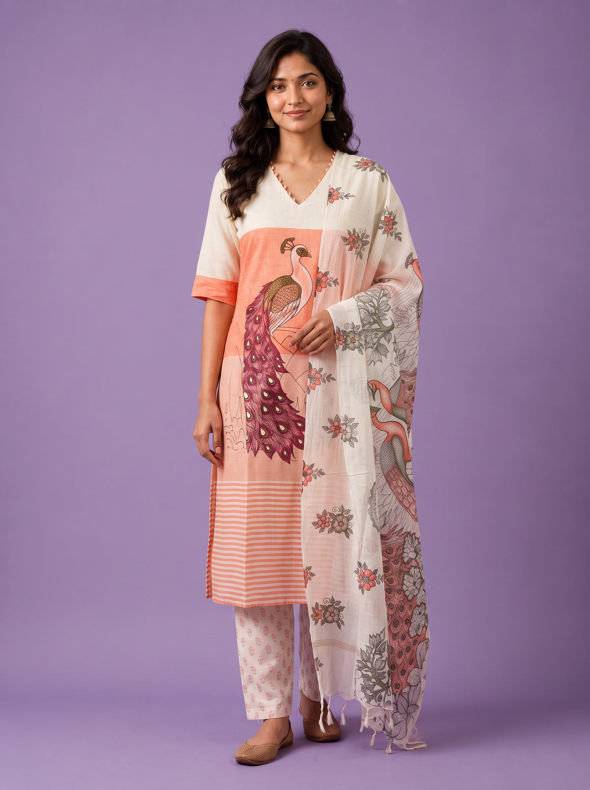 Madhubani Printed Peacock Design 3PC Kurti Set in Peach Colour with Printed Dupatta | Stylish Ethnic Wear | Ready to Wear