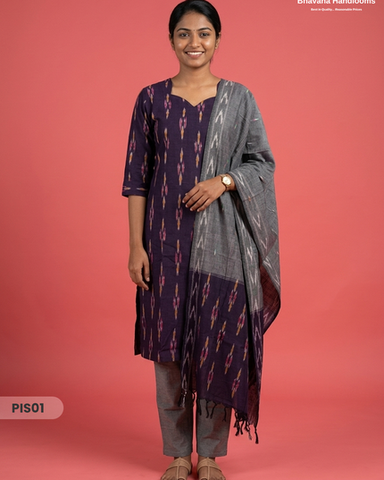 Pochampally Handloom Cotton Kurti Set Deep Indigo – Star Neck, Elastic Bottom, Pocket | Premium Ethnic Wear