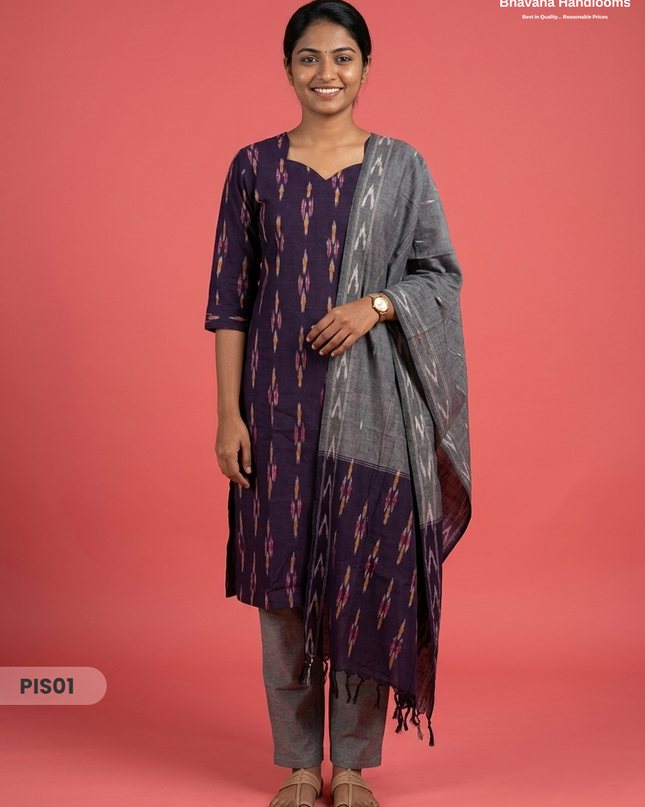 Pochampally Handloom Cotton Kurti Set Deep Indigo – Star Neck, Elastic Bottom, Pocket | Premium Ethnic Wear