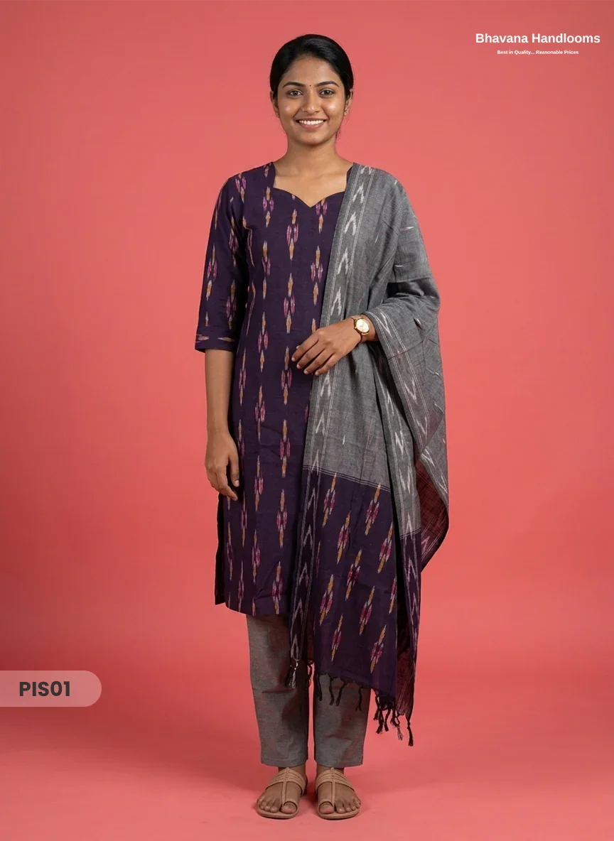 Pochampally Handloom Cotton Kurti Set Deep Indigo – Star Neck, Elastic Bottom, Pocket | Premium Ethnic Wear