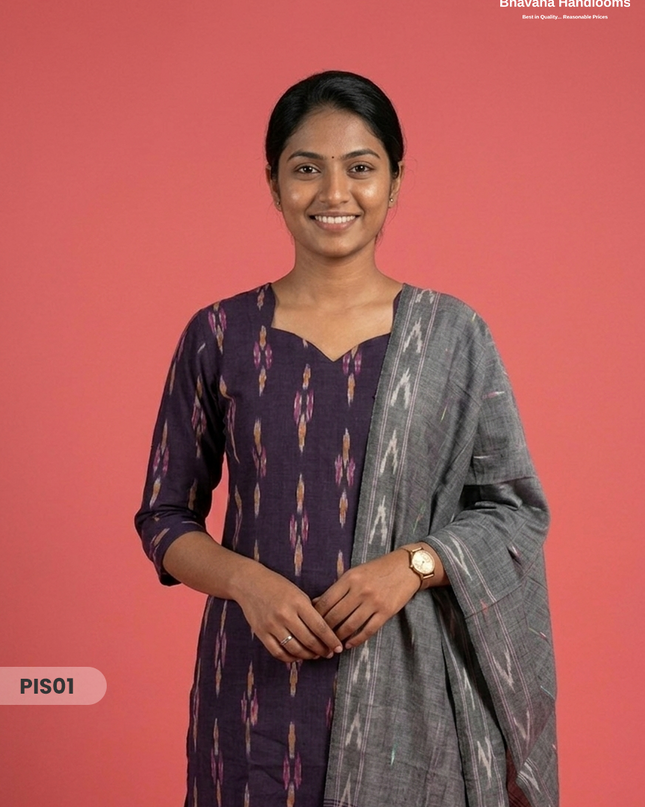 Pochampally Handloom Cotton Kurti Set Deep Indigo – Star Neck, Elastic Bottom, Pocket | Premium Ethnic Wear