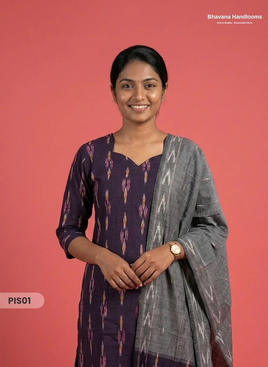 Pochampally Handloom Cotton Kurti Set Deep Indigo – Star Neck, Elastic Bottom, Pocket | Premium Ethnic Wear