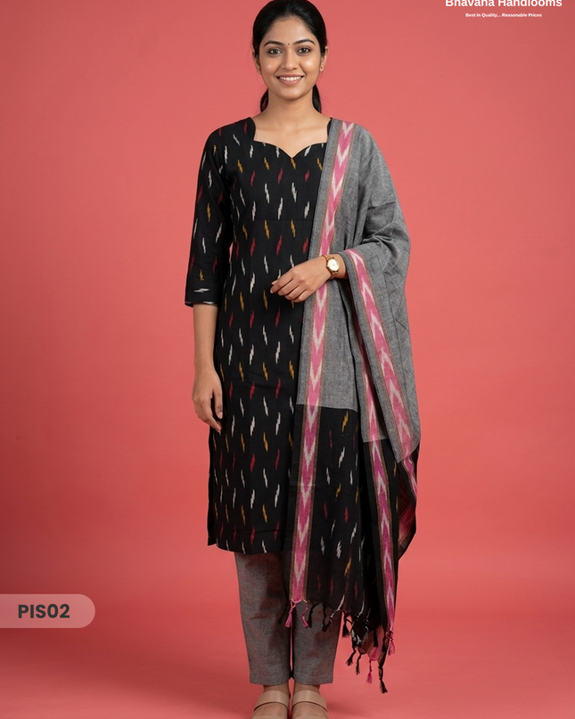 Pochampally Handloom Cotton Kurti Set Black – Star Neck, Elastic Bottom, Pocket | Premium Ethnic Wear