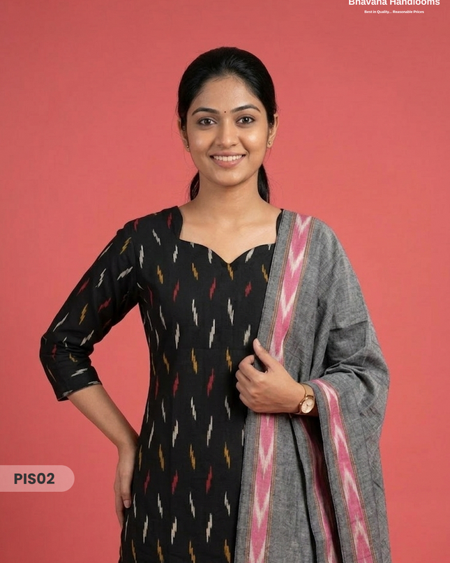 Pochampally Handloom Cotton Kurti Set Black – Star Neck, Elastic Bottom, Pocket | Premium Ethnic Wear