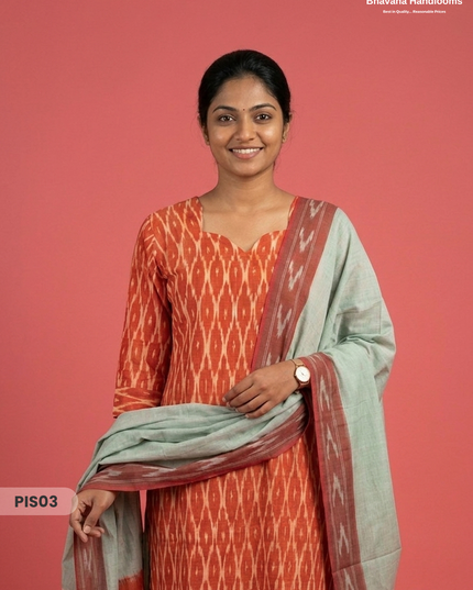 Pochampally Handloom Cotton Kurti Set Rust Orange – Star Neck, Elastic Bottom, Pocket | Premium Ethnic Wear