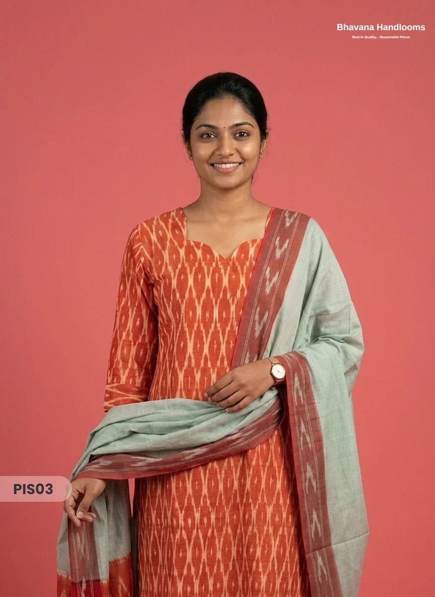 Pochampally Handloom Cotton Kurti Set Rust Orange – Star Neck, Elastic Bottom, Pocket | Premium Ethnic Wear