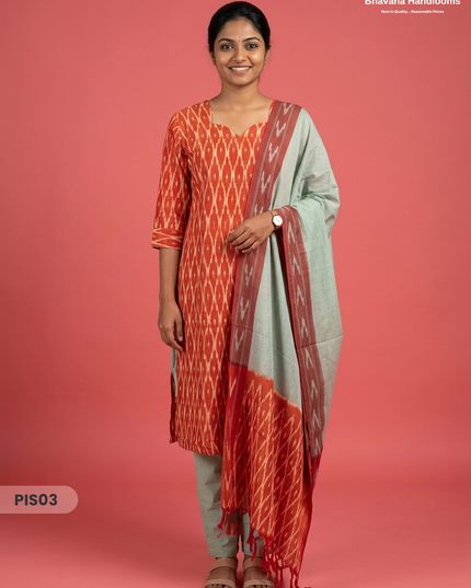 Pochampally Handloom Cotton Kurti Set Rust Orange – Star Neck, Elastic Bottom, Pocket | Premium Ethnic Wear