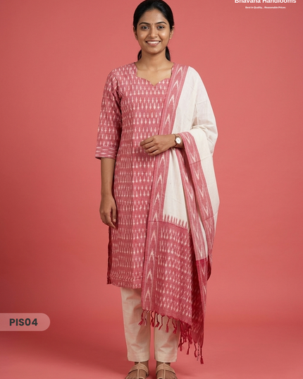 Pochampally Handloom Cotton Kurti Set Dusty Pink– Star Neck, Elastic Bottom, Pocket | Premium Ethnic Wear
