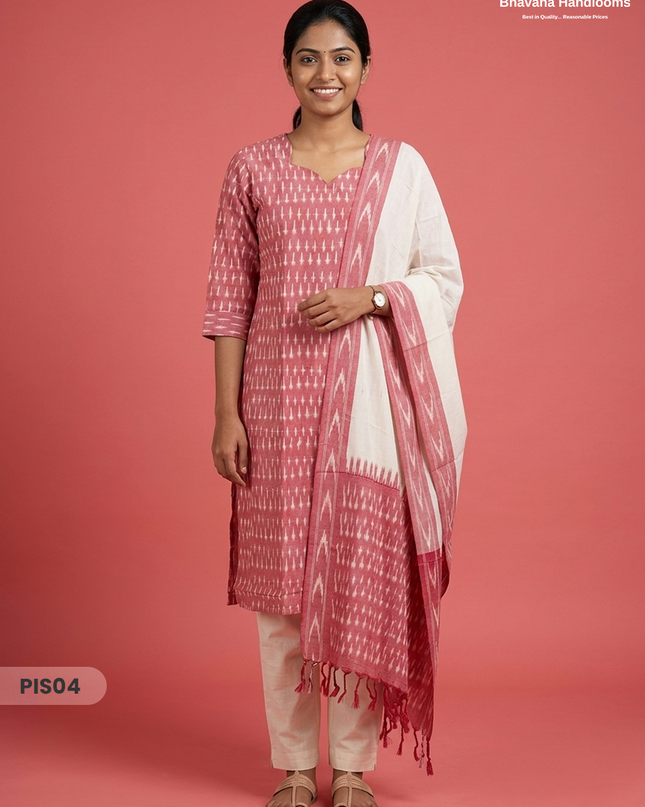 Pochampally Handloom Cotton Kurti Set Dusty Pink– Star Neck, Elastic Bottom, Pocket | Premium Ethnic Wear