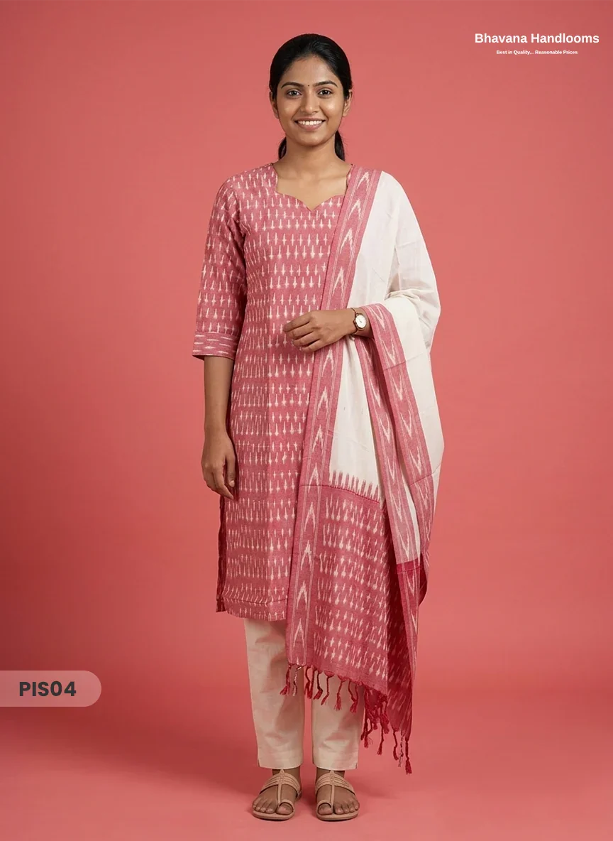 Pochampally Handloom Cotton Kurti Set Dusty Pink– Star Neck, Elastic Bottom, Pocket | Premium Ethnic Wear