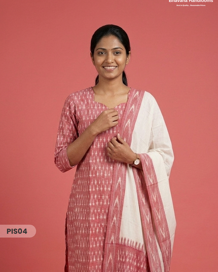 Pochampally Handloom Cotton Kurti Set Dusty Pink– Star Neck, Elastic Bottom, Pocket | Premium Ethnic Wear