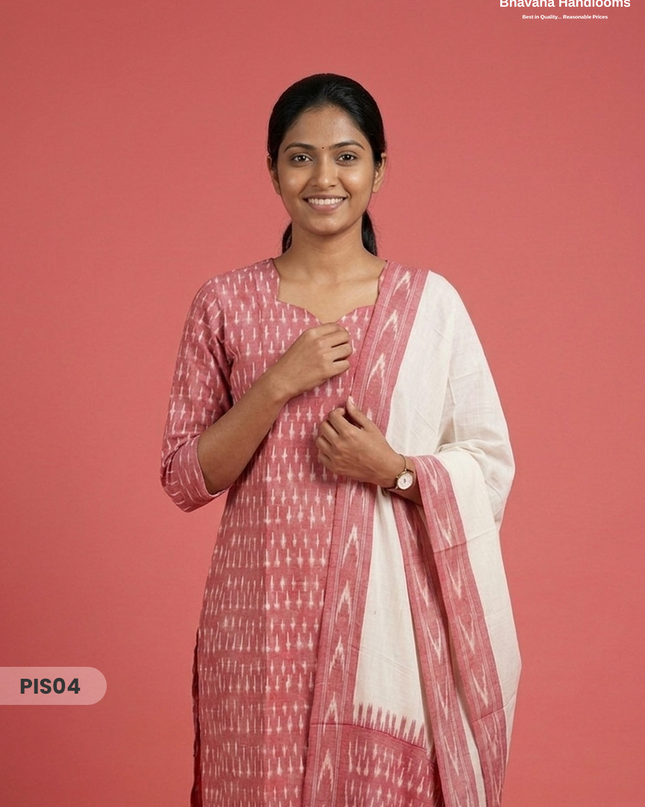 Pochampally Handloom Cotton Kurti Set Dusty Pink– Star Neck, Elastic Bottom, Pocket | Premium Ethnic Wear