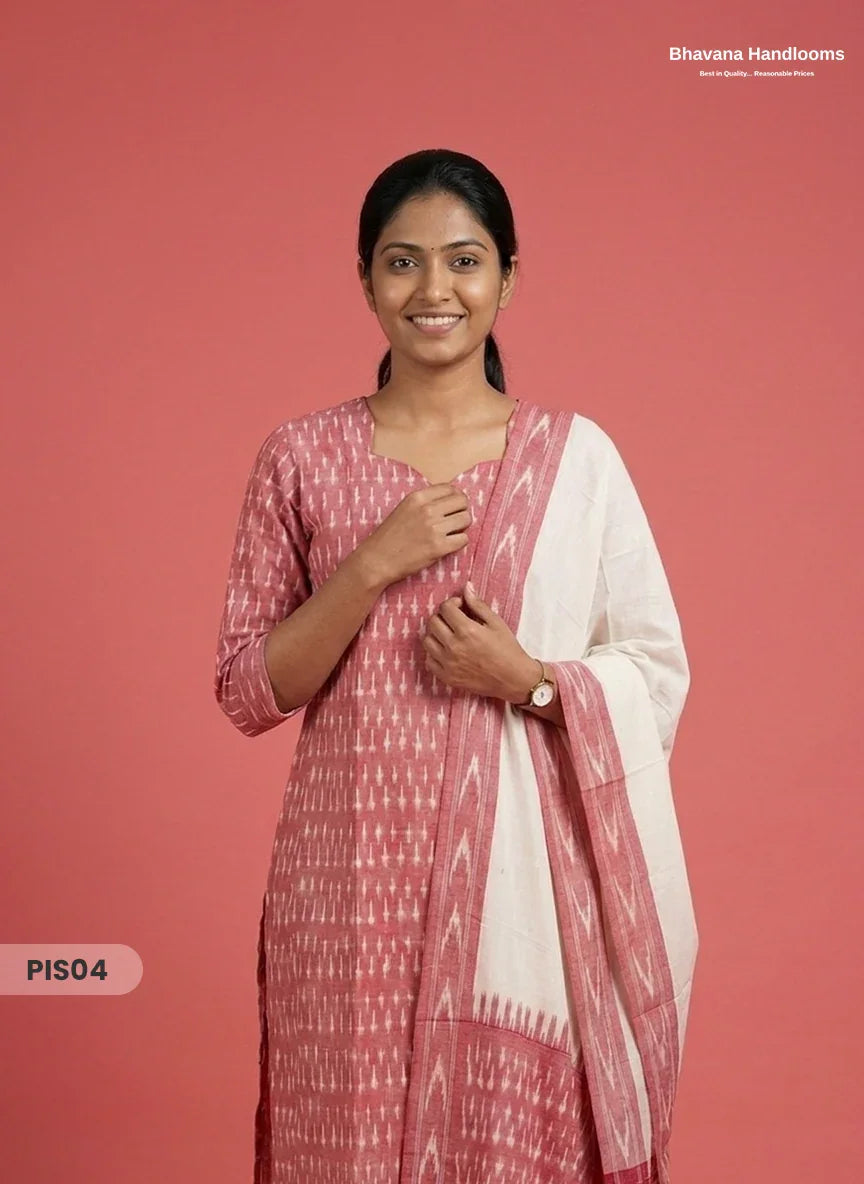 Pochampally Handloom Cotton Kurti Set Dusty Pink– Star Neck, Elastic Bottom, Pocket | Premium Ethnic Wear