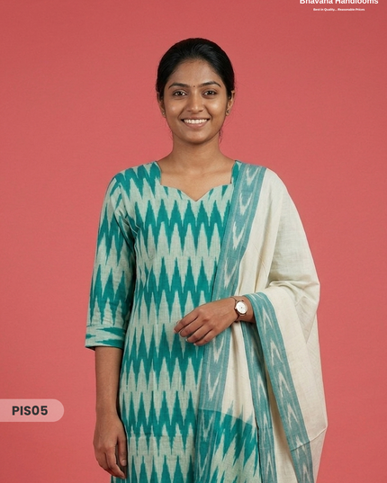Pochampally Handloom Cotton Kurti Set Sea Green – Star Neck, Elastic Bottom, Pocket | Premium Ethnic Wear
