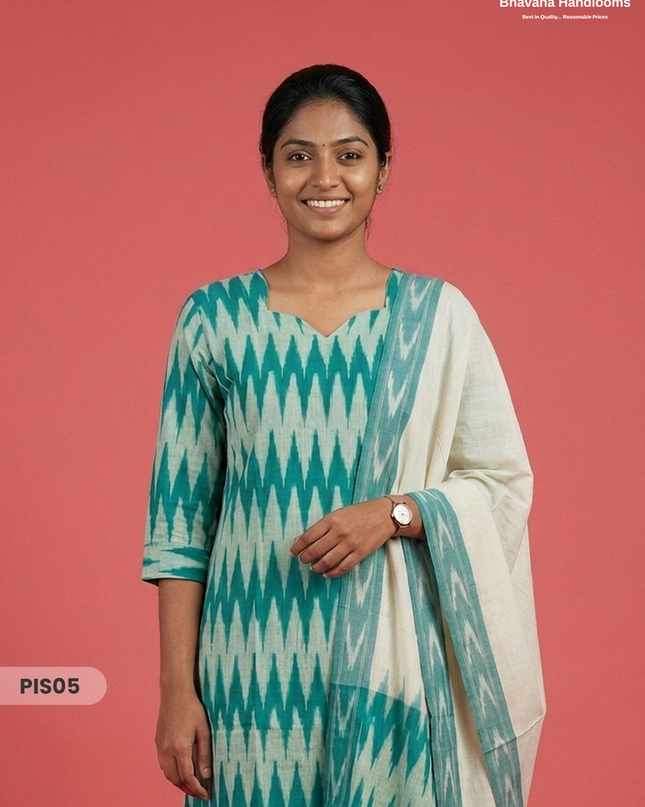 Pochampally Handloom Cotton Kurti Set Sea Green – Star Neck, Elastic Bottom, Pocket | Premium Ethnic Wear