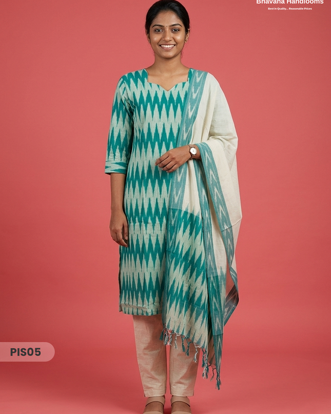 Pochampally Handloom Cotton Kurti Set Sea Green – Star Neck, Elastic Bottom, Pocket | Premium Ethnic Wear