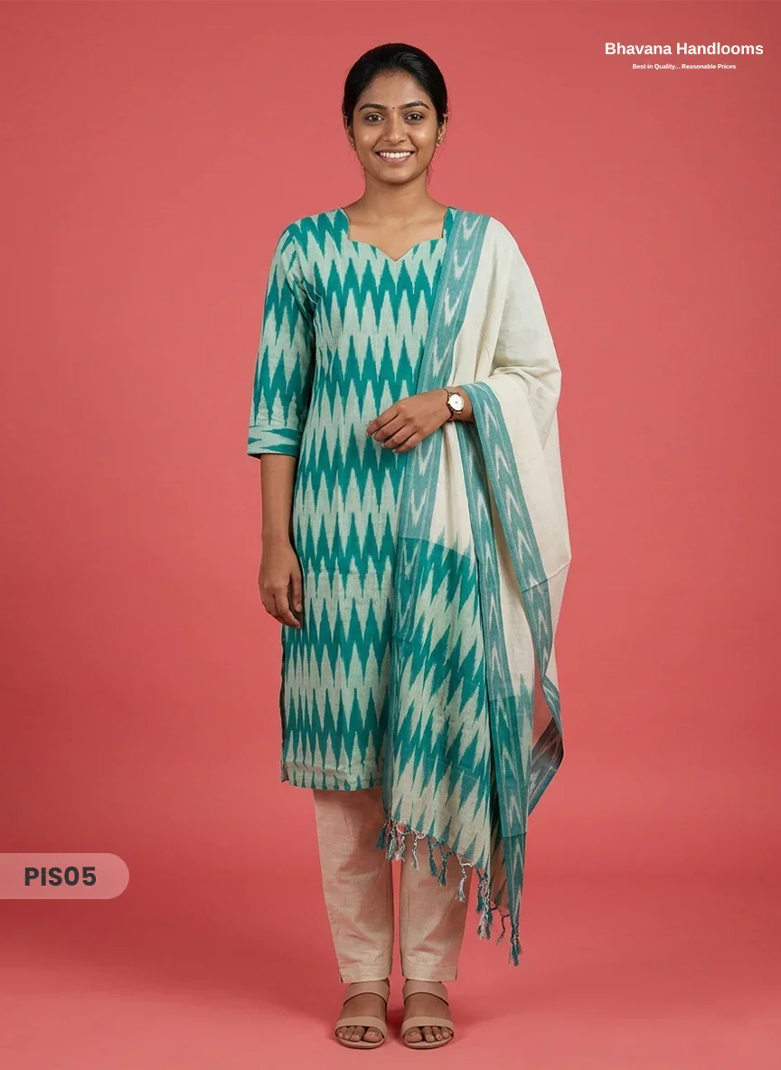 Pochampally Handloom Cotton Kurti Set Sea Green – Star Neck, Elastic Bottom, Pocket | Premium Ethnic Wear