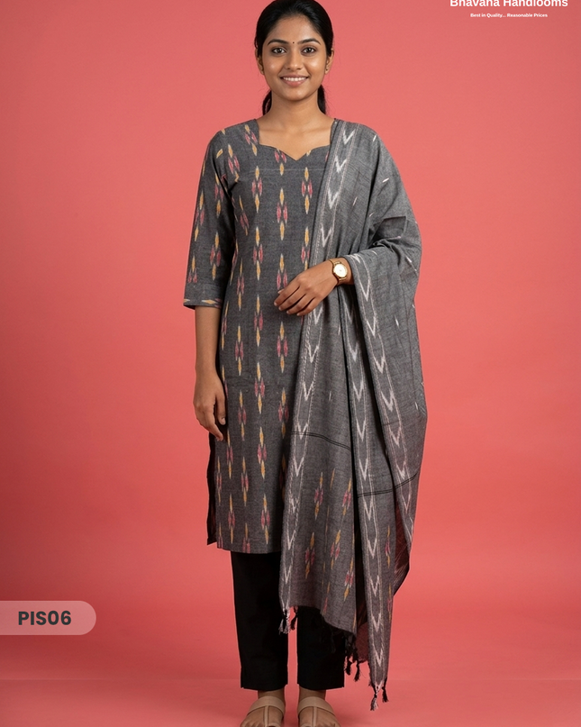 Pochampally Handloom Cotton Kurti Set Charcoal Grey – Star Neck, Elastic Bottom, Pocket | Premium Ethnic Wear