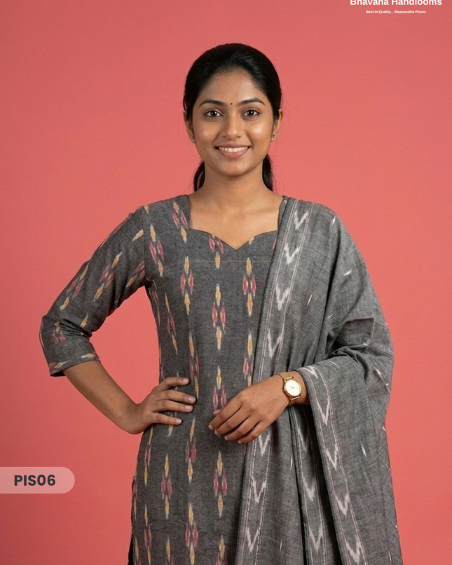 Pochampally Handloom Cotton Kurti Set Charcoal Grey – Star Neck, Elastic Bottom, Pocket | Premium Ethnic Wear