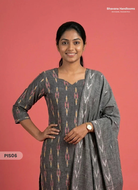 Pochampally Handloom Cotton Kurti Set Charcoal Grey – Star Neck, Elastic Bottom, Pocket | Premium Ethnic Wear