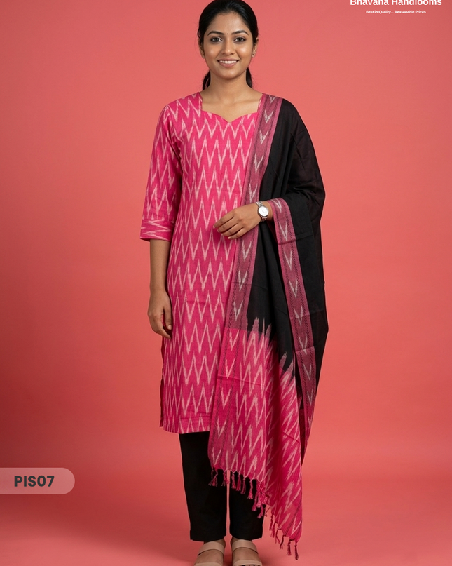 Pochampally Handloom Cotton Kurti Set Rani Pink – Star Neck, Elastic Bottom, Pocket | Premium Ethnic Wear