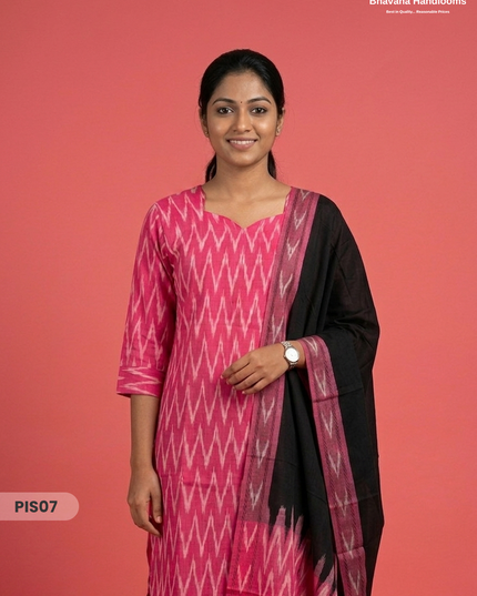 Pochampally Handloom Cotton Kurti Set Rani Pink – Star Neck, Elastic Bottom, Pocket | Premium Ethnic Wear