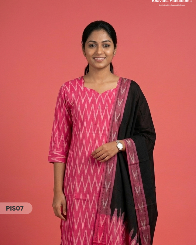Pochampally Handloom Cotton Kurti Set Rani Pink – Star Neck, Elastic Bottom, Pocket | Premium Ethnic Wear