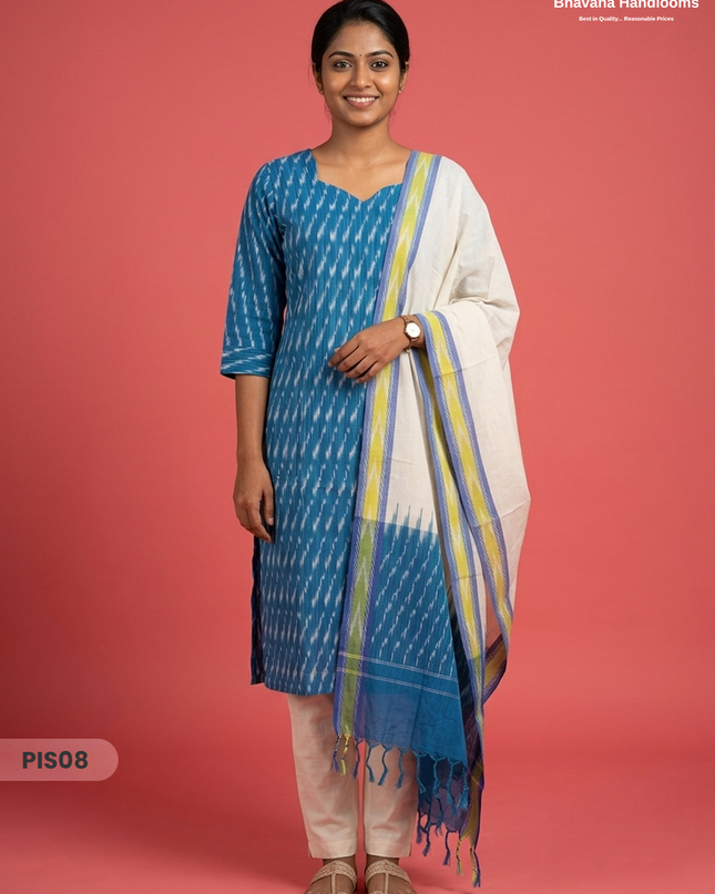 Pochampally Handloom Cotton Kurti Set Teal Blue – Star Neck, Elastic Bottom, Pocket | Premium Ethnic Wear