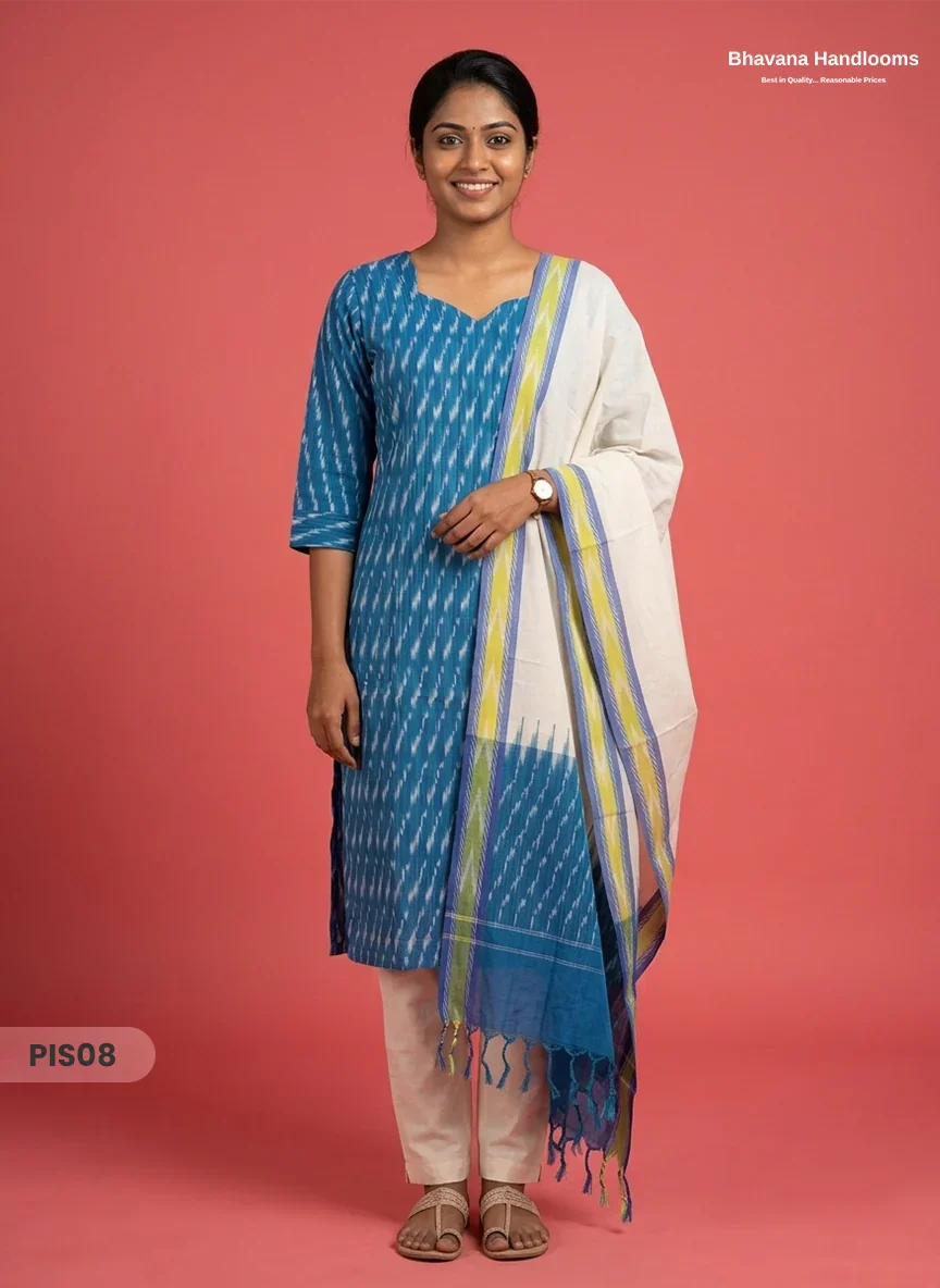Pochampally Handloom Cotton Kurti Set Teal Blue – Star Neck, Elastic Bottom, Pocket | Premium Ethnic Wear