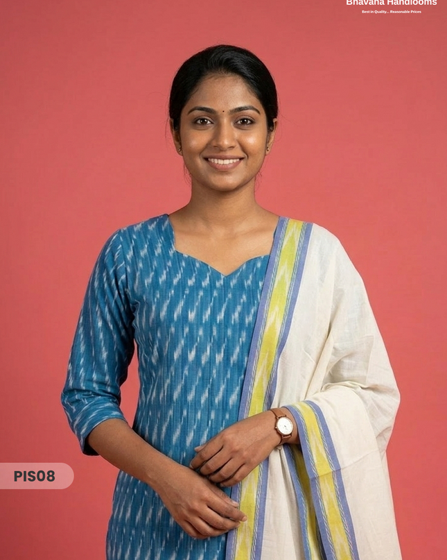 Pochampally Handloom Cotton Kurti Set Teal Blue – Star Neck, Elastic Bottom, Pocket | Premium Ethnic Wear