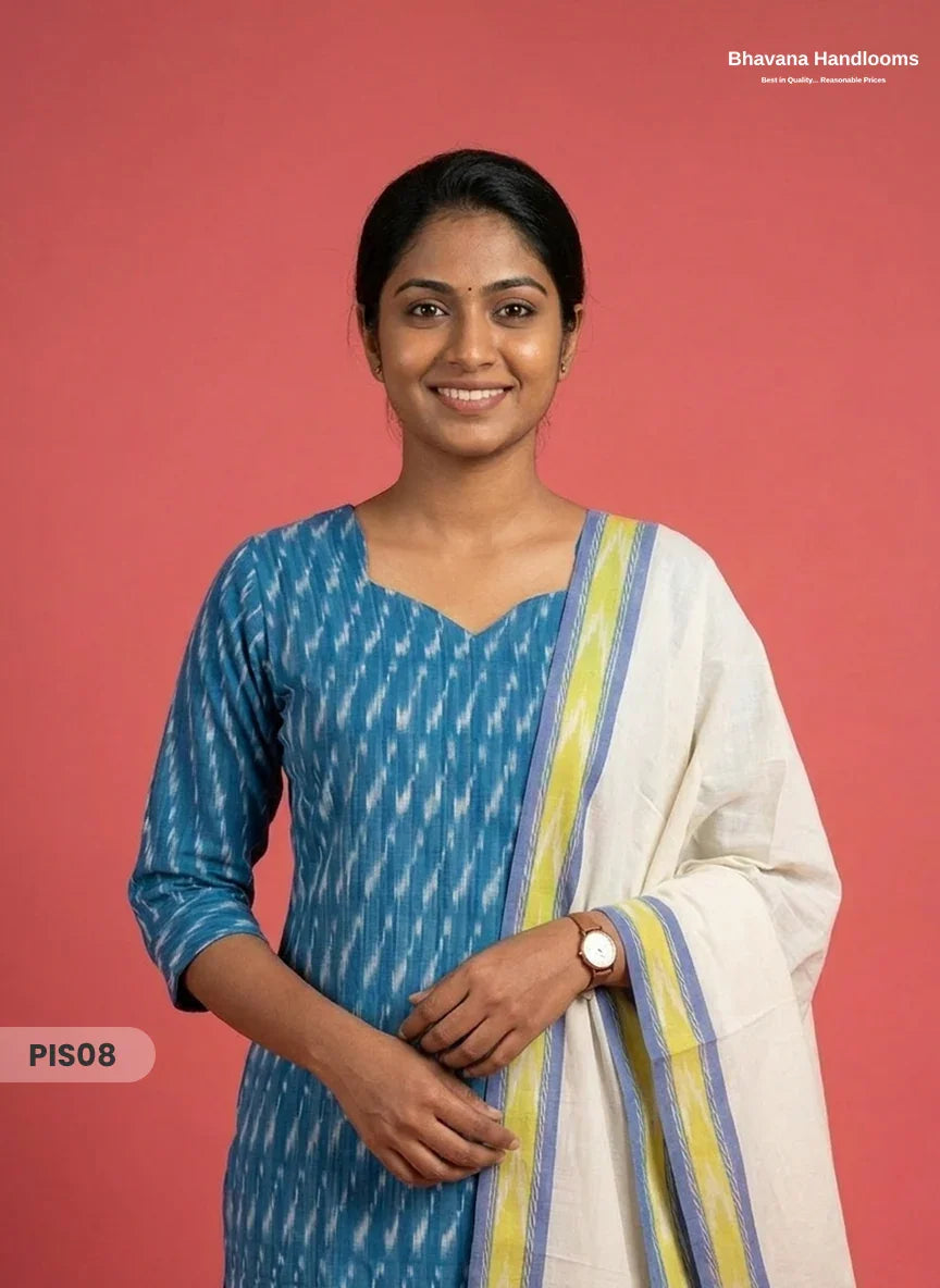 Pochampally Handloom Cotton Kurti Set Teal Blue – Star Neck, Elastic Bottom, Pocket | Premium Ethnic Wear