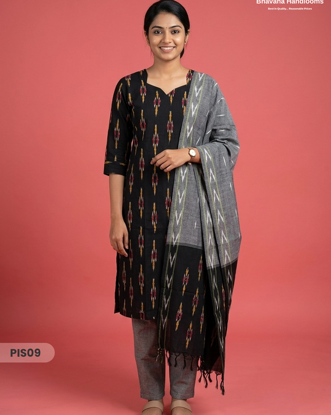 Pochampally Handloom Cotton Kurti Set Black– Star Neck, Elastic Bottom, Pocket | Premium Ethnic Wear