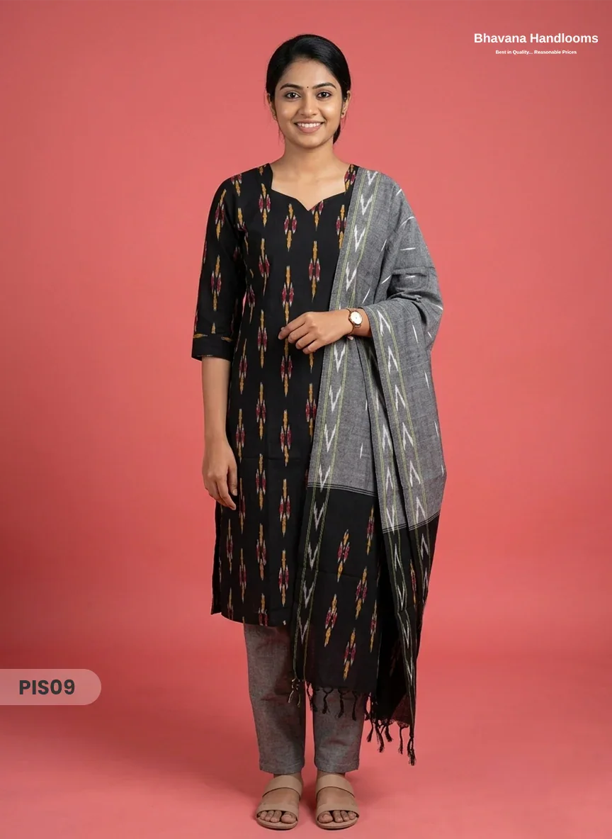 Pochampally Handloom Cotton Kurti Set Black– Star Neck, Elastic Bottom, Pocket | Premium Ethnic Wear