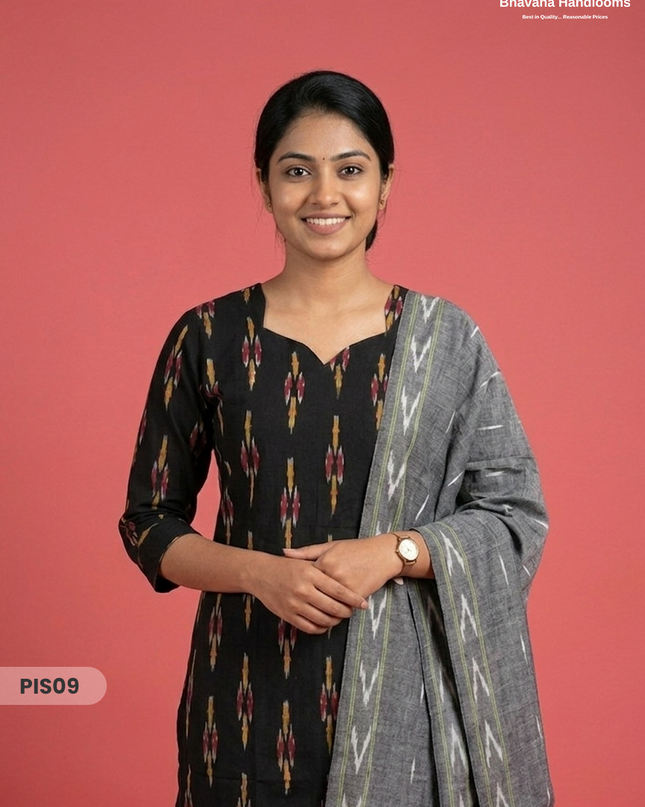 Pochampally Handloom Cotton Kurti Set Black– Star Neck, Elastic Bottom, Pocket | Premium Ethnic Wear