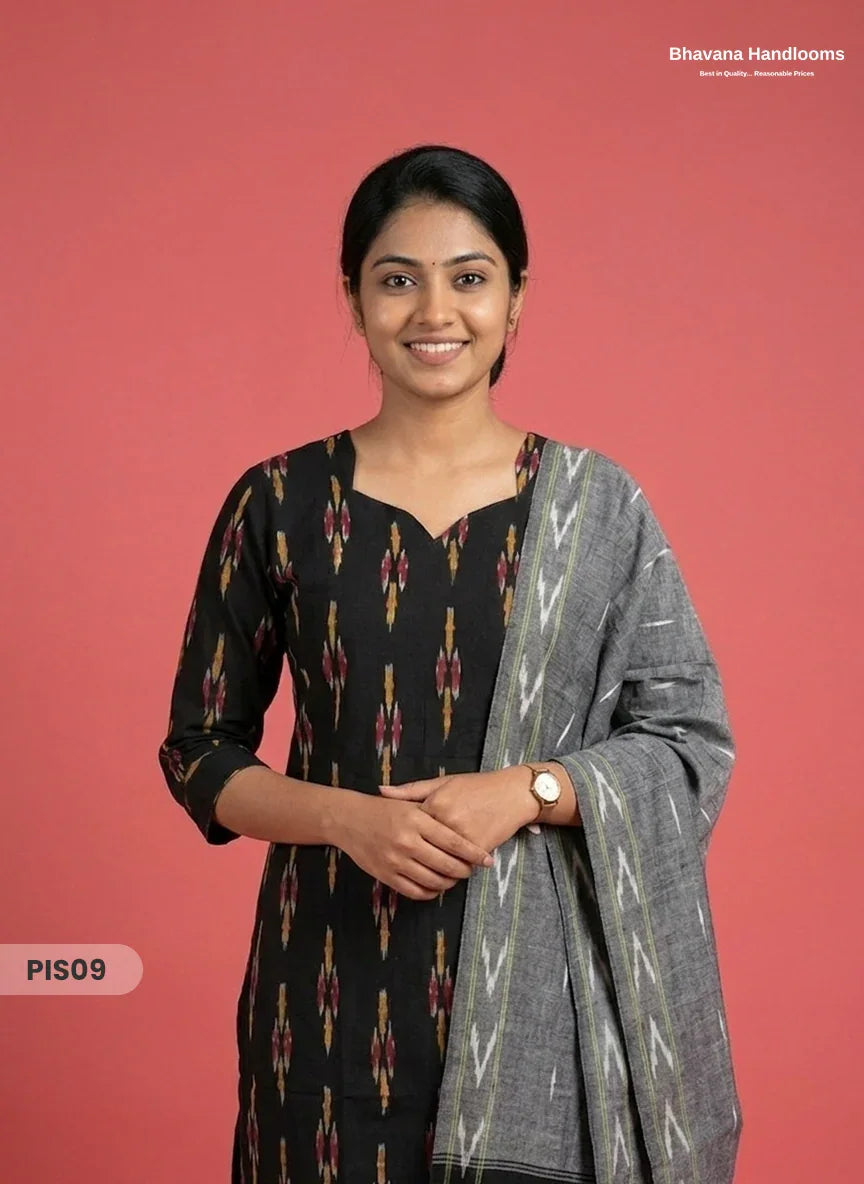 Pochampally Handloom Cotton Kurti Set Black– Star Neck, Elastic Bottom, Pocket | Premium Ethnic Wear