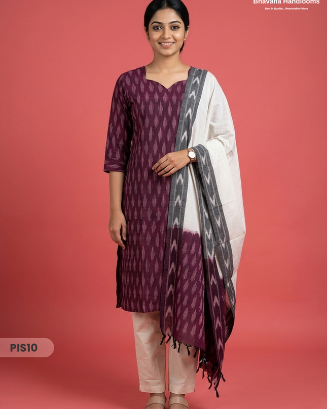 Pochampally Handloom Cotton Kurti Set Plum Purple – Star Neck, Elastic Bottom, Pocket | Premium Ethnic Wear