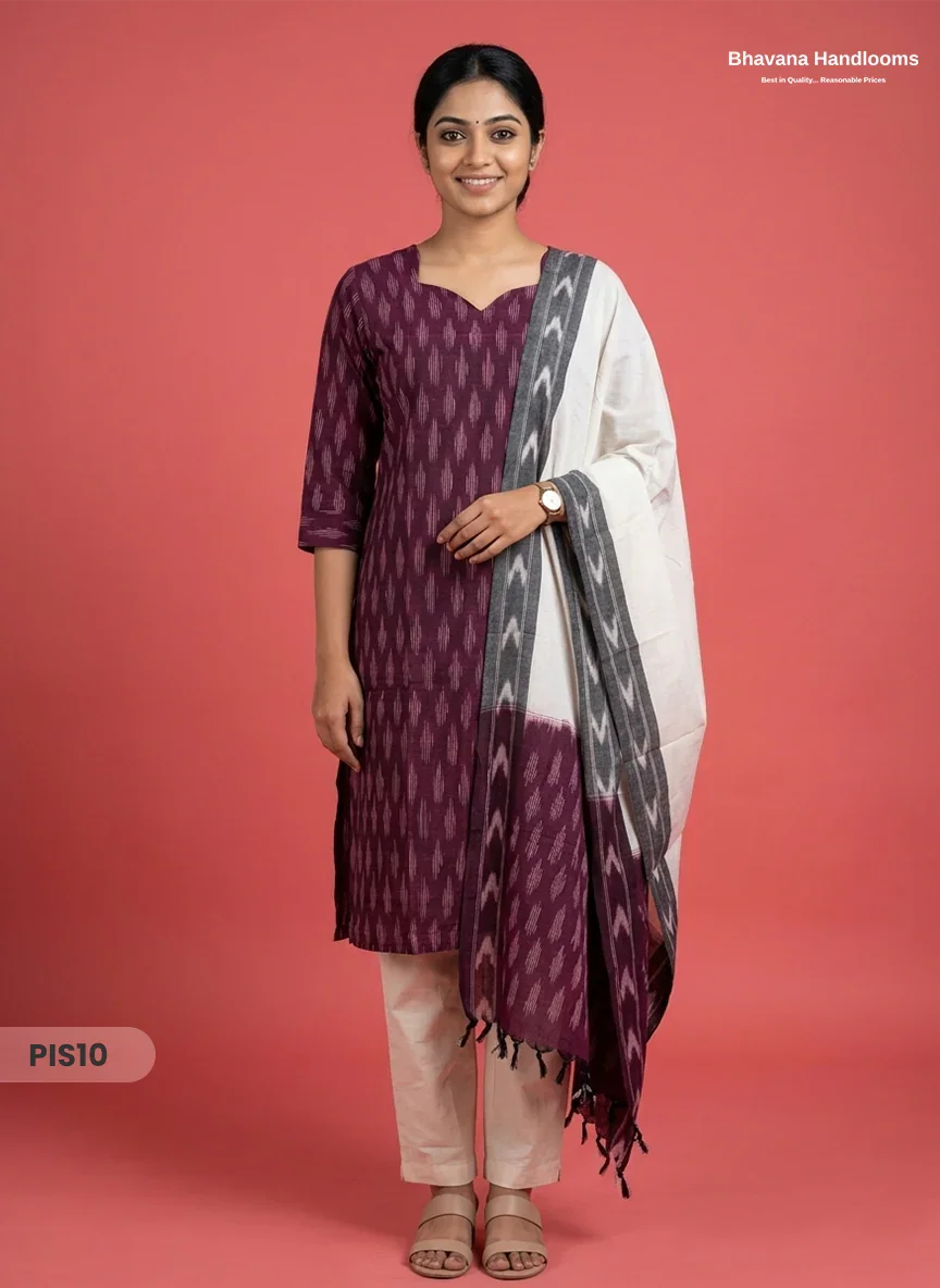Pochampally Handloom Cotton Kurti Set Plum Purple – Star Neck, Elastic Bottom, Pocket | Premium Ethnic Wear