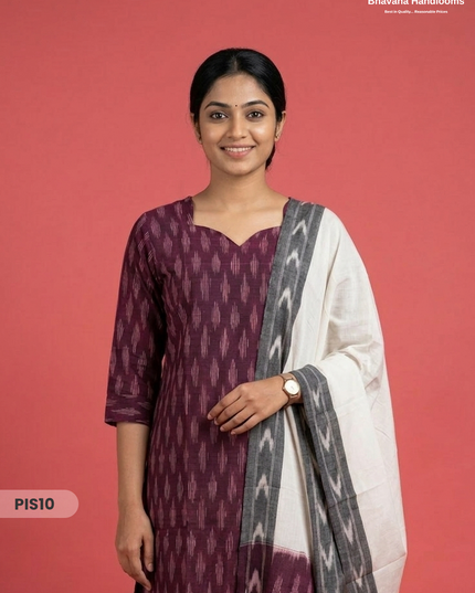 Pochampally Handloom Cotton Kurti Set Plum Purple – Star Neck, Elastic Bottom, Pocket | Premium Ethnic Wear
