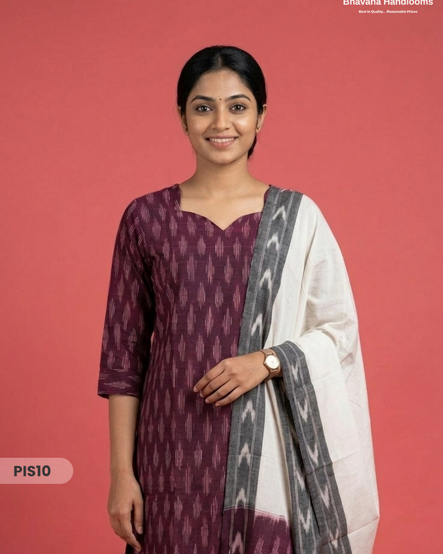 Pochampally Handloom Cotton Kurti Set Plum Purple – Star Neck, Elastic Bottom, Pocket | Premium Ethnic Wear