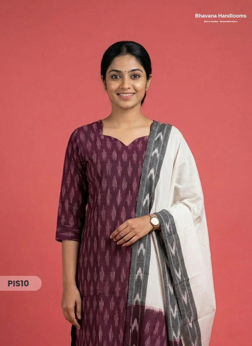 Pochampally Handloom Cotton Kurti Set Plum Purple – Star Neck, Elastic Bottom, Pocket | Premium Ethnic Wear