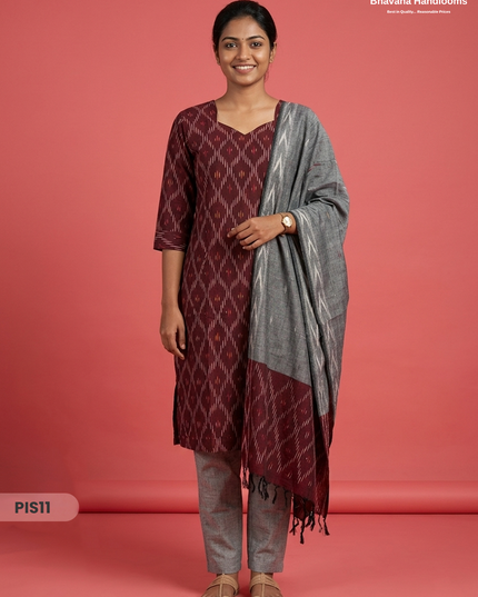Pochampally Handloom Cotton Kurti Set Dark Maroon – Star Neck, Elastic Bottom, Pocket | Premium Ethnic Wear