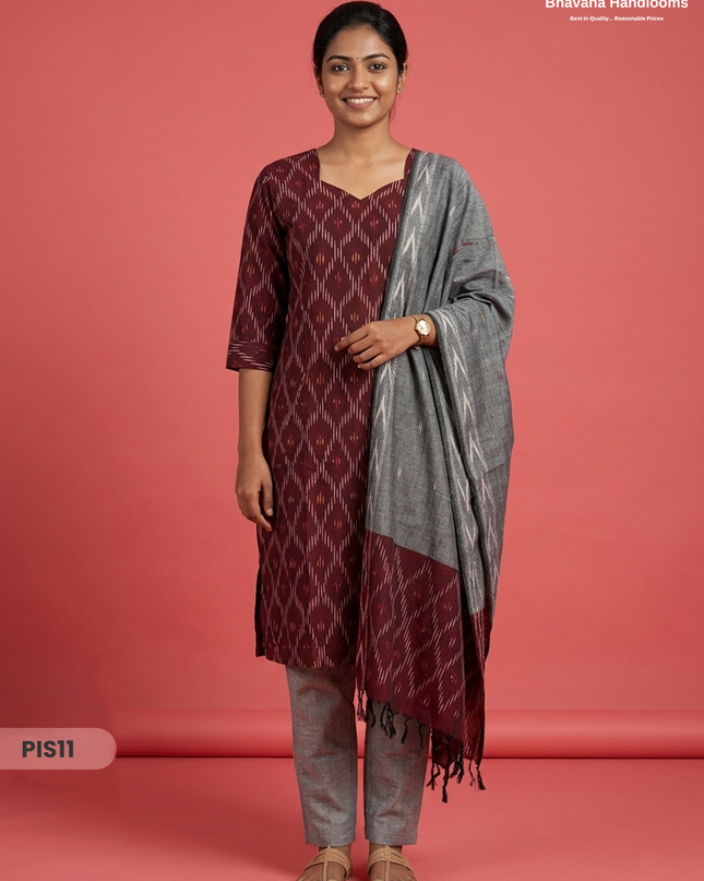 Pochampally Handloom Cotton Kurti Set Dark Maroon – Star Neck, Elastic Bottom, Pocket | Premium Ethnic Wear