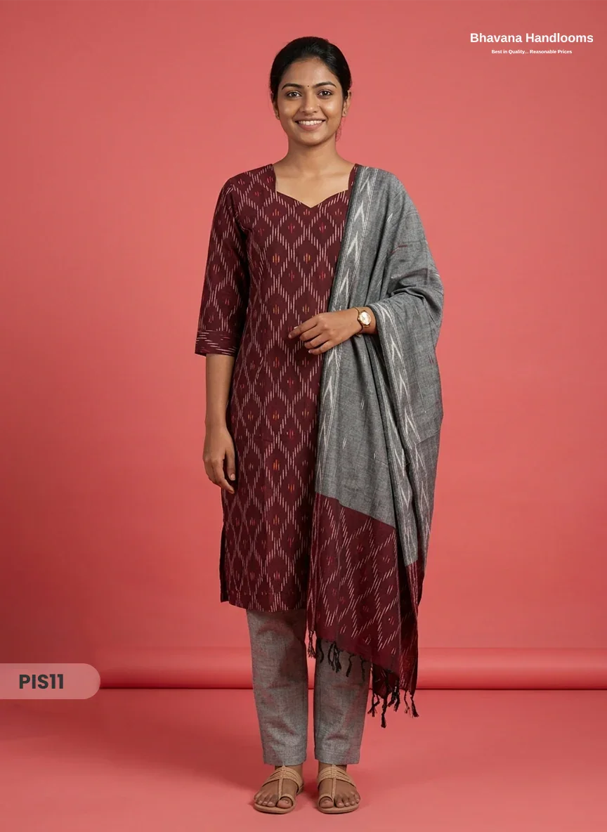 Pochampally Handloom Cotton Kurti Set Dark Maroon – Star Neck, Elastic Bottom, Pocket | Premium Ethnic Wear