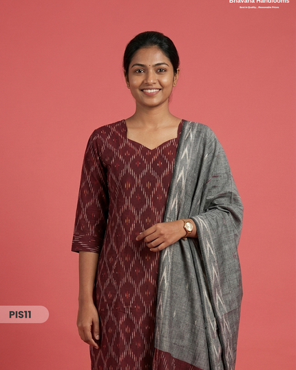 Pochampally Handloom Cotton Kurti Set Dark Maroon – Star Neck, Elastic Bottom, Pocket | Premium Ethnic Wear