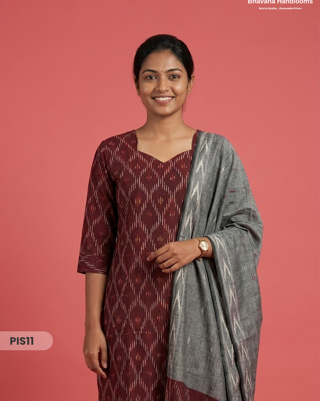Pochampally Handloom Cotton Kurti Set Dark Maroon – Star Neck, Elastic Bottom, Pocket | Premium Ethnic Wear