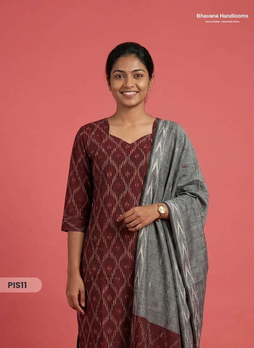 Pochampally Handloom Cotton Kurti Set Dark Maroon – Star Neck, Elastic Bottom, Pocket | Premium Ethnic Wear