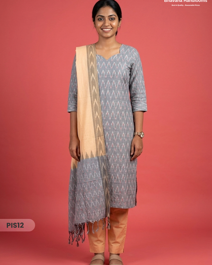 Pochampally Handloom Cotton Kurti Set Ash Grey – Star Neck, Elastic Bottom, Pocket | Premium Ethnic Wear