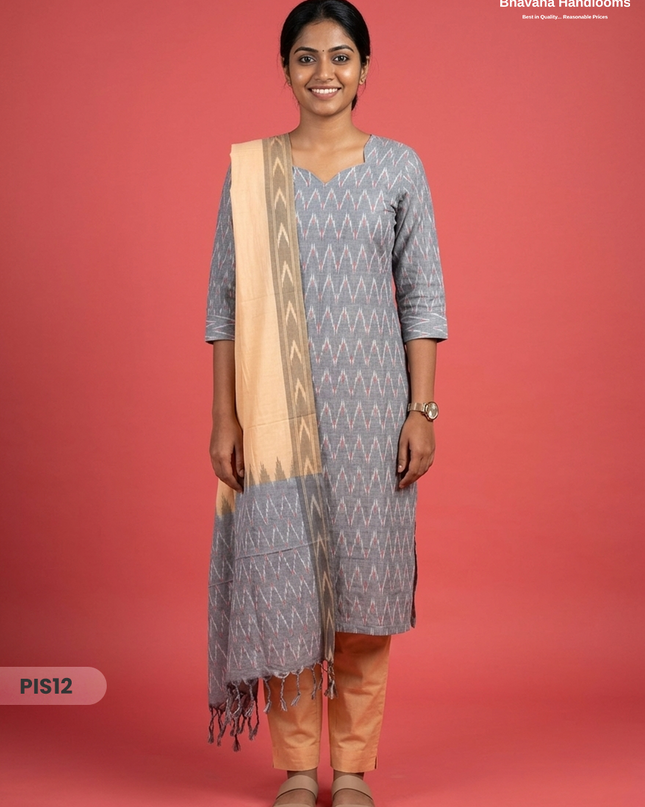Pochampally Handloom Cotton Kurti Set Ash Grey – Star Neck, Elastic Bottom, Pocket | Premium Ethnic Wear